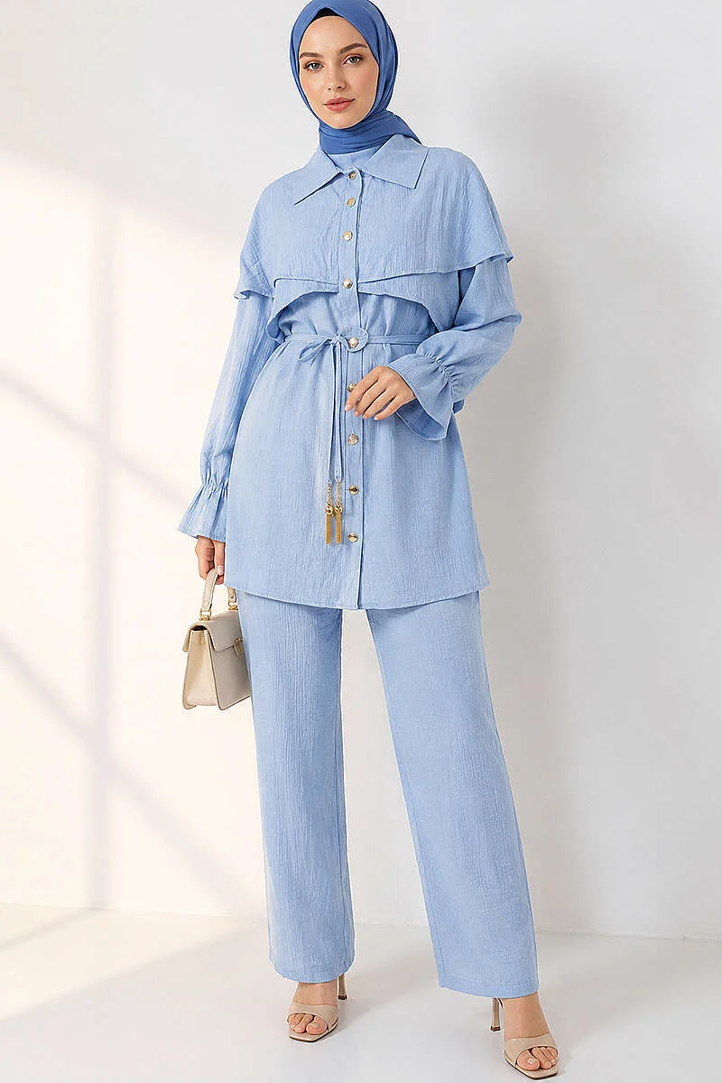 Buttoned Two-Piece Set with Cape Detail Baby Blue - الصورة 3