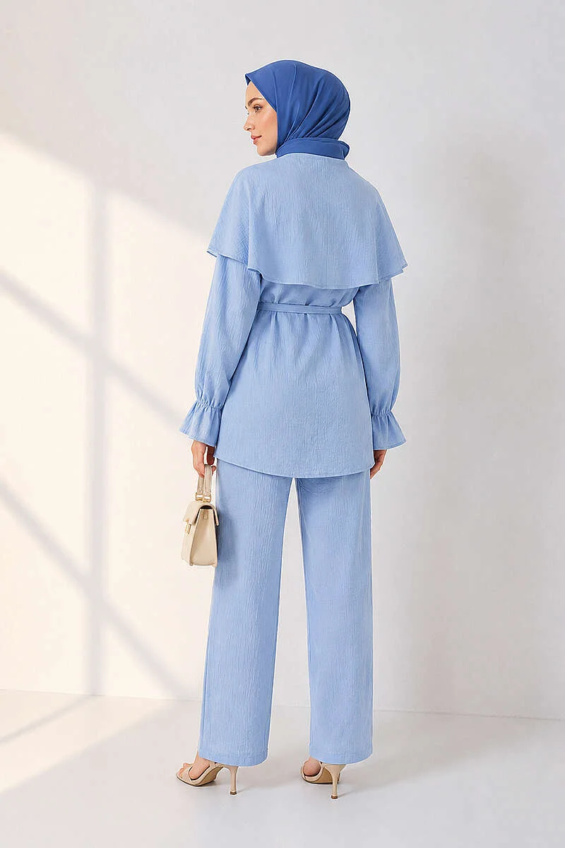 Buttoned Two-Piece Set with Cape Detail Baby Blue - الصورة 4