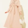 Cloak Dress with Elastic Waist and Half Button Closure Beige