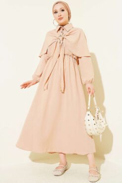 Cloak Dress with Elastic Waist and Half Button Closure Beige بالجملة dress - Hicabistan مصنع تركيا