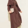 Cloak Dress with Elastic Waist and Half Button Closure Brown
