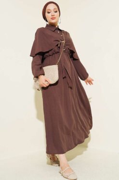 Cloak Dress with Elastic Waist and Half Button Closure Brown بالجملة dress - Hicabistan مصنع تركيا