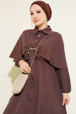 Cloak Dress with Elastic Waist and Half Button Closure Brown بالجملة dress view 2 - Hicabistan مصنع تركيا