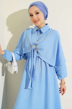 Cloak Dress with Elastic Waist and Half Button Closure Blue بالجملة dress view 2 - Hicabistan مصنع تركيا