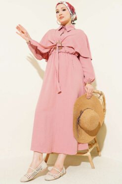Cloak Dress with Elastic Waist and Half Button Closure Powder Pink en gros dress - Hicabistan usine Turquie
