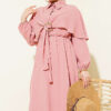 Cloak Dress with Elastic Waist and Half Button Closure Powder Pink groothandel dress view 2 - Hicabistan Turkije fabriek