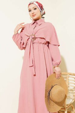 Cloak Dress with Elastic Waist and Half Button Closure Powder Pink en gros dress view 2 - Hicabistan usine Turquie