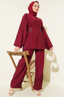 Belted Side Wrap Set with Pen Details Burgundy