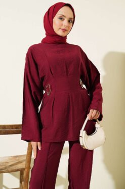 Vista alternativa de Belted Side Wrap Set with Pen Details Burgundy