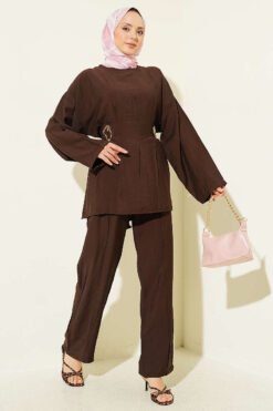 Belted Side Wrap Set with Pen Details Brown