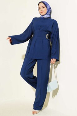 Belted Side Wrap Set with Pen Details Navy Blue