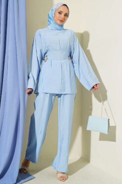 Belted Side Wrap Set with Pen Details Blue