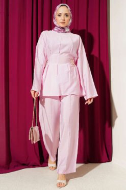 Belted Side Wrap Set with Pen Details Pink