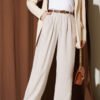 Pocketed Wide-Leg Trousers with Pile Detail Beige
