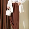 Pocketed Wide-Leg Trousers with Pile Detail Brown