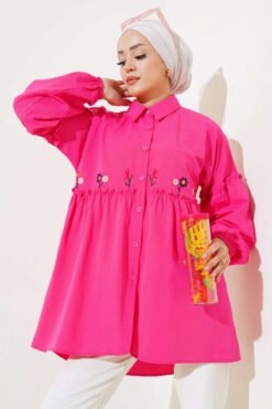 Pleated Floral Embroidered Shirt Fuchsia