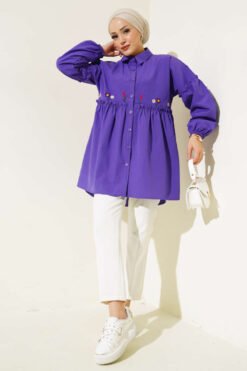 Vista alternativa de Pleated Floral Embroidered Shirt Purple