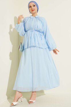 Pleated String Tied Skirt Set Baby Blue