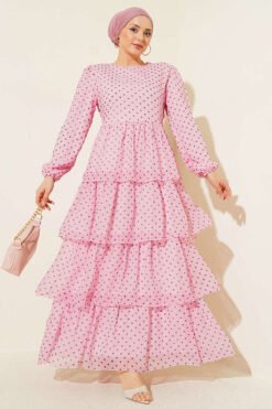 Polka Dot Layered Chiffon Dress Pink