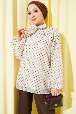 Polka Dot Tie Neck Chiffon Tunic Beige