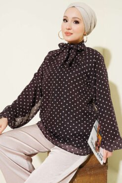 Polka Dot Tie Neck Chiffon Tunic Brown