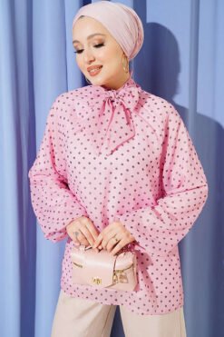 Polka Dot Tie Neck Chiffon Tunic Pink