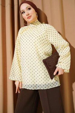 Polka Dot Tie Neck Chiffon Tunic Yellow