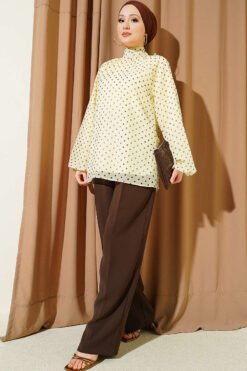 منظر بديل لـ Polka Dot Tie Neck Chiffon Tunic Yellow