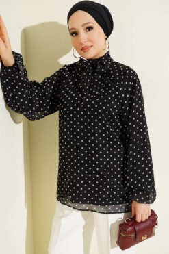 Polka Dot Tie Neck Chiffon Tunic Black