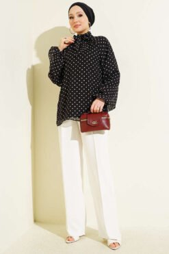 منظر بديل لـ Polka Dot Tie Neck Chiffon Tunic Black