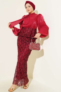 Sequined Skirt Evening Set Burgundy