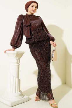 Sequined Skirt Evening Set Brown