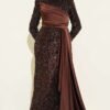 Sequin Embellished Draped Evening Dress Brown