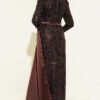 Sequin Embellished Draped Evening Dress Brown wholesale dress view 3 - Hicabistan Turkey factory