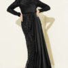 Sequin Embellished Draped Evening Dress Black