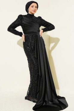 Sequin Embellished Draped Evening Dress Black Großhandel dress - Hicabistan Türkei Fabrik