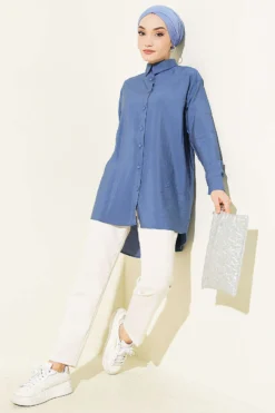Alternatieve weergave van Back Pleated Basic Oversized Shirt Indigo
