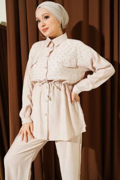 Vista alternativa de Fake Pocket Clasp Mini Stone Detailed Two-Piece Set Beige