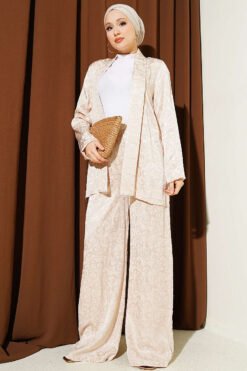 Shawl Collar Wrap Pattern Jacquard Set Beige