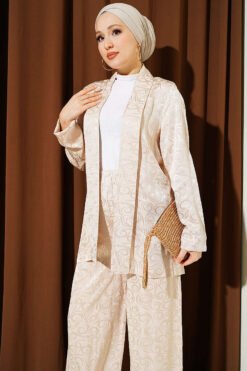 Alternatieve weergave van Shawl Collar Wrap Pattern Jacquard Set Beige
