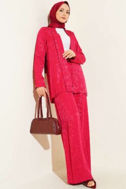 Shawl Collar Wrap Pattern Jacquard Set Burgundy Großhandel clothing set - Hicabistan Türkei Fabrik