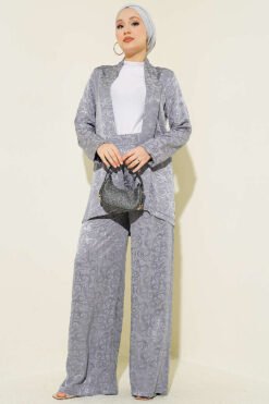 Shawl Collar Wrap Pattern Jacquard Set Grey