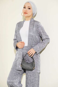 Alternatieve weergave van Shawl Collar Wrap Pattern Jacquard Set Grey