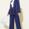 Shawl Collar Wrap Pattern Jacquard Set Navy Blue