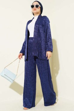 Shawl Collar Wrap Pattern Jacquard Set Navy Blue