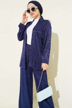 Alternatieve weergave van Shawl Collar Wrap Pattern Jacquard Set Navy Blue