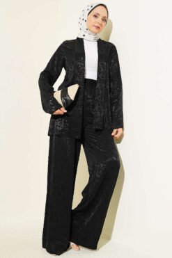 Shawl Collar Wrap Pattern Jacquard Set Black Großhandel clothing set - Hicabistan Türkei Fabrik