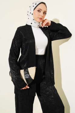 Shawl Collar Wrap Pattern Jacquard Set Black Großhandel clothing set view 2 - Hicabistan Türkei Fabrik