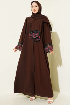 Floral Embellished Abaya Dress Brown