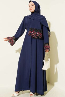 Floral Embellished Abaya Dress Navy Blue